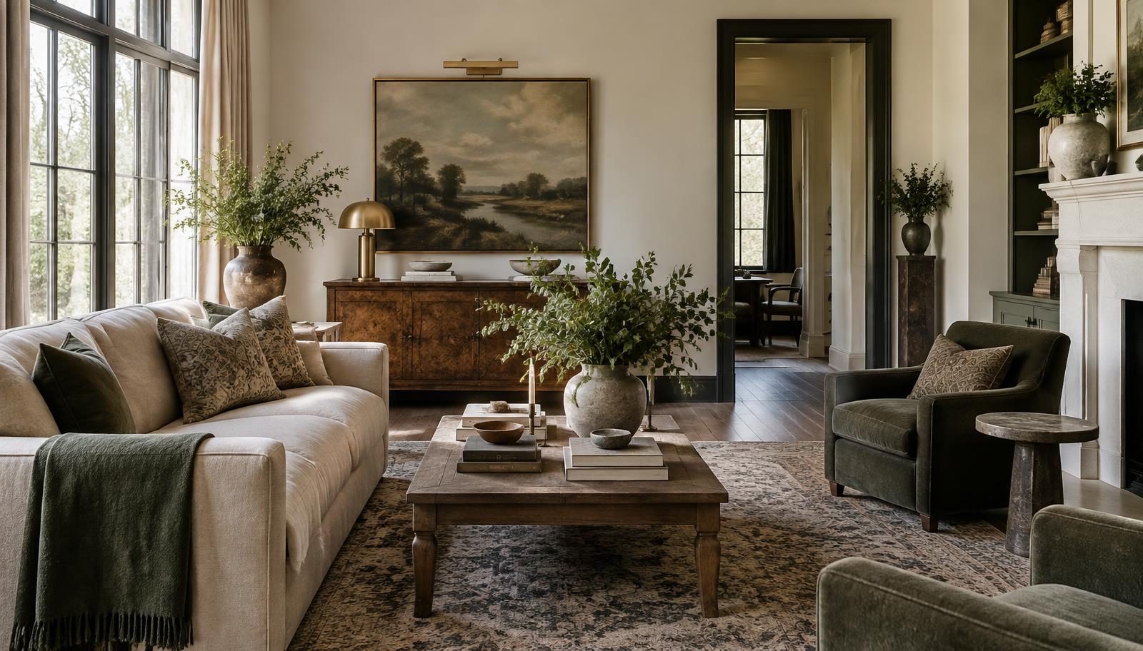 A layered, neutral living room in a Charlotte luxury home