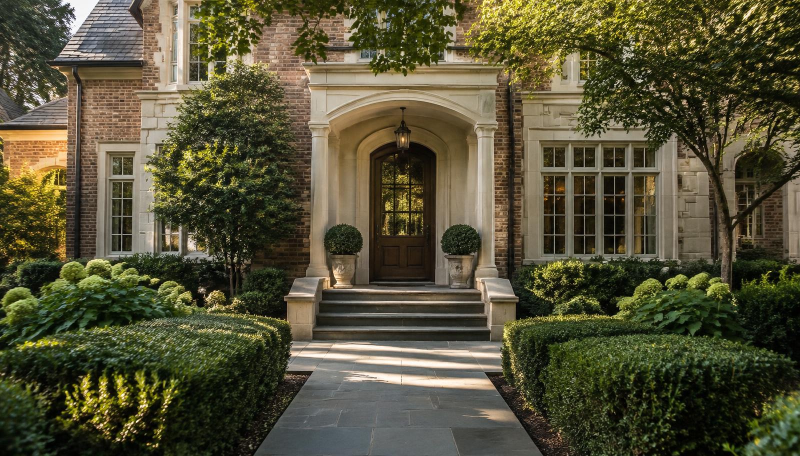 The brick and limestone entry of an estate home in a Charlotte luxury neighborhood