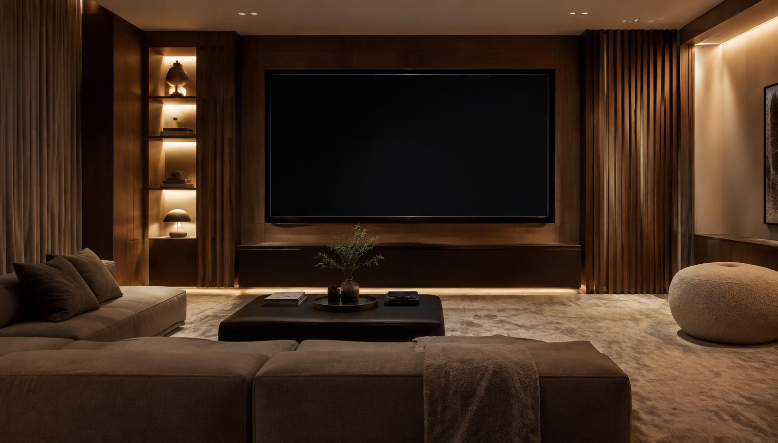 A warm, walnut-lined media room in a luxury Charlotte residence