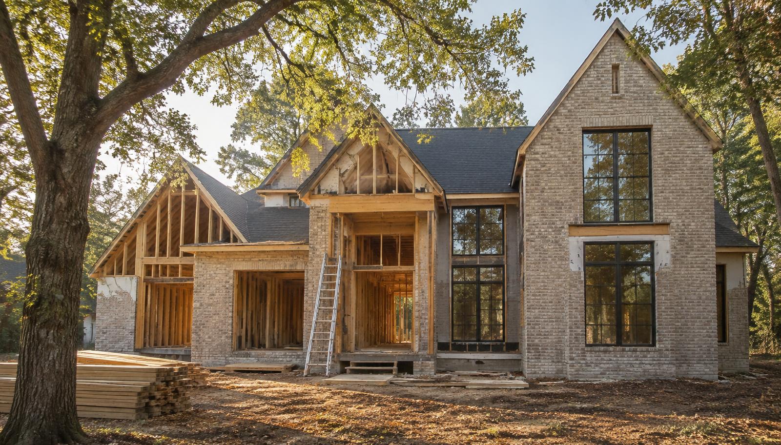A custom home under construction beneath mature oaks in Charlotte