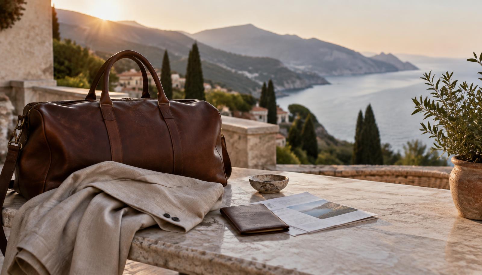 A leather weekender and folded itinerary on a stone terrace at dawn