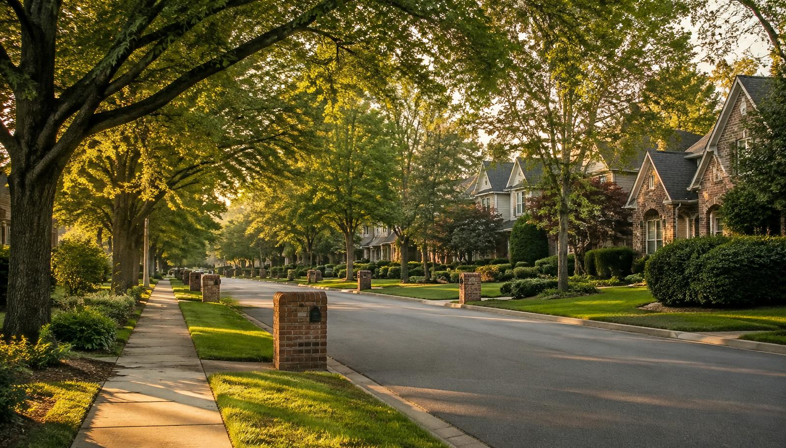 A canopied residential street in Charlotte at golden hour