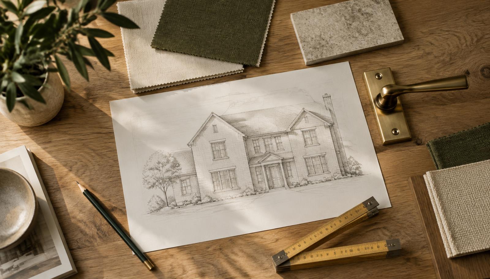 An architect's table with an elevation drawing, fabric swatches, and hardware samples